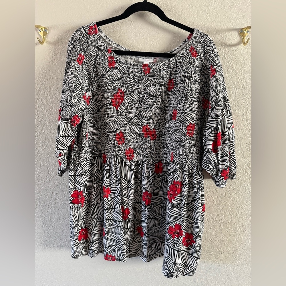 J Jill Floral Pullover Top 2X Puff Elbow Sleeve Smocked Upper Spring Stretchy